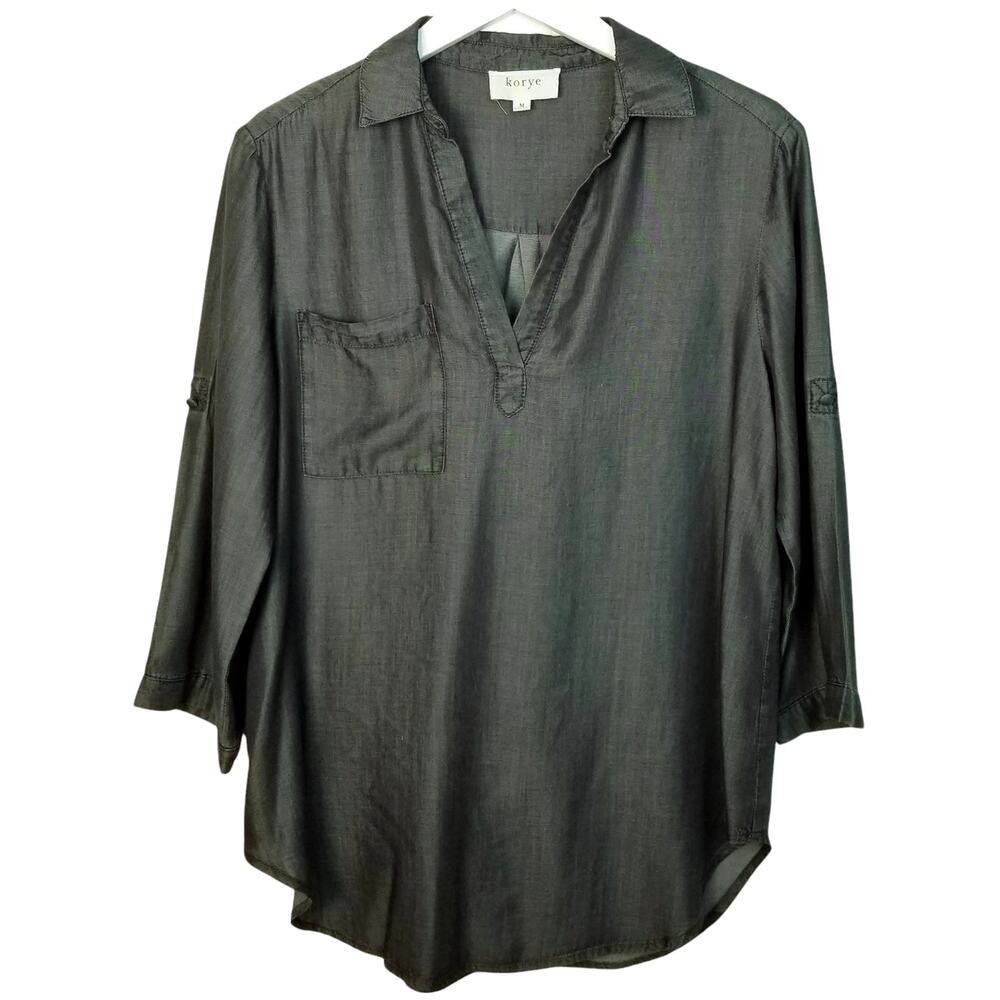 KORYE Charcoal Gray Shimmer V-Neck 100% Tencel Roll Tab Sleeve Tunic Size M